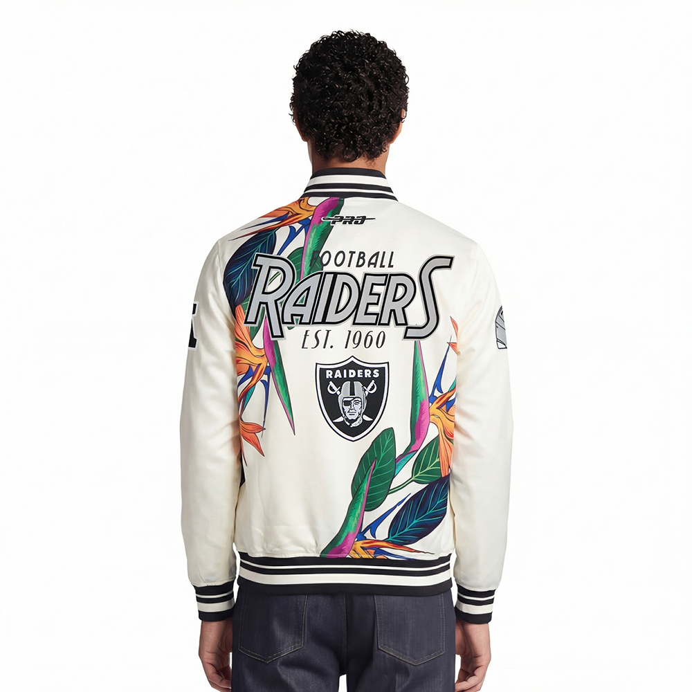 NFL LAS VEGAS RAIDERS PARADISE MEN'S SATIN JACKET (EGGSHELL/ BLACK)