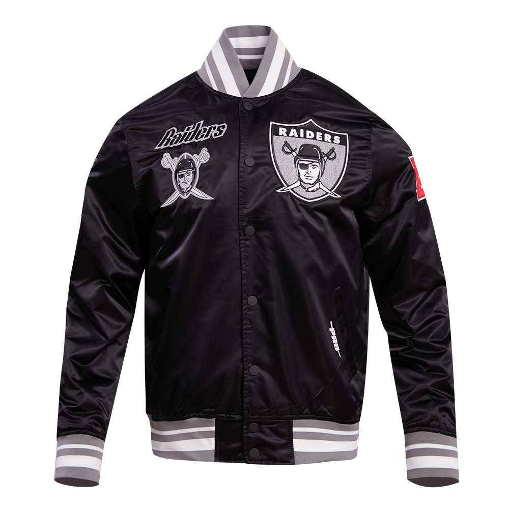 NFL OAKLAND RAIDERS RETRO CLASSIC BLOUSON EN SATIN À BORDS CÔTELÉS POUR HOMME (NOIR/GRIS)