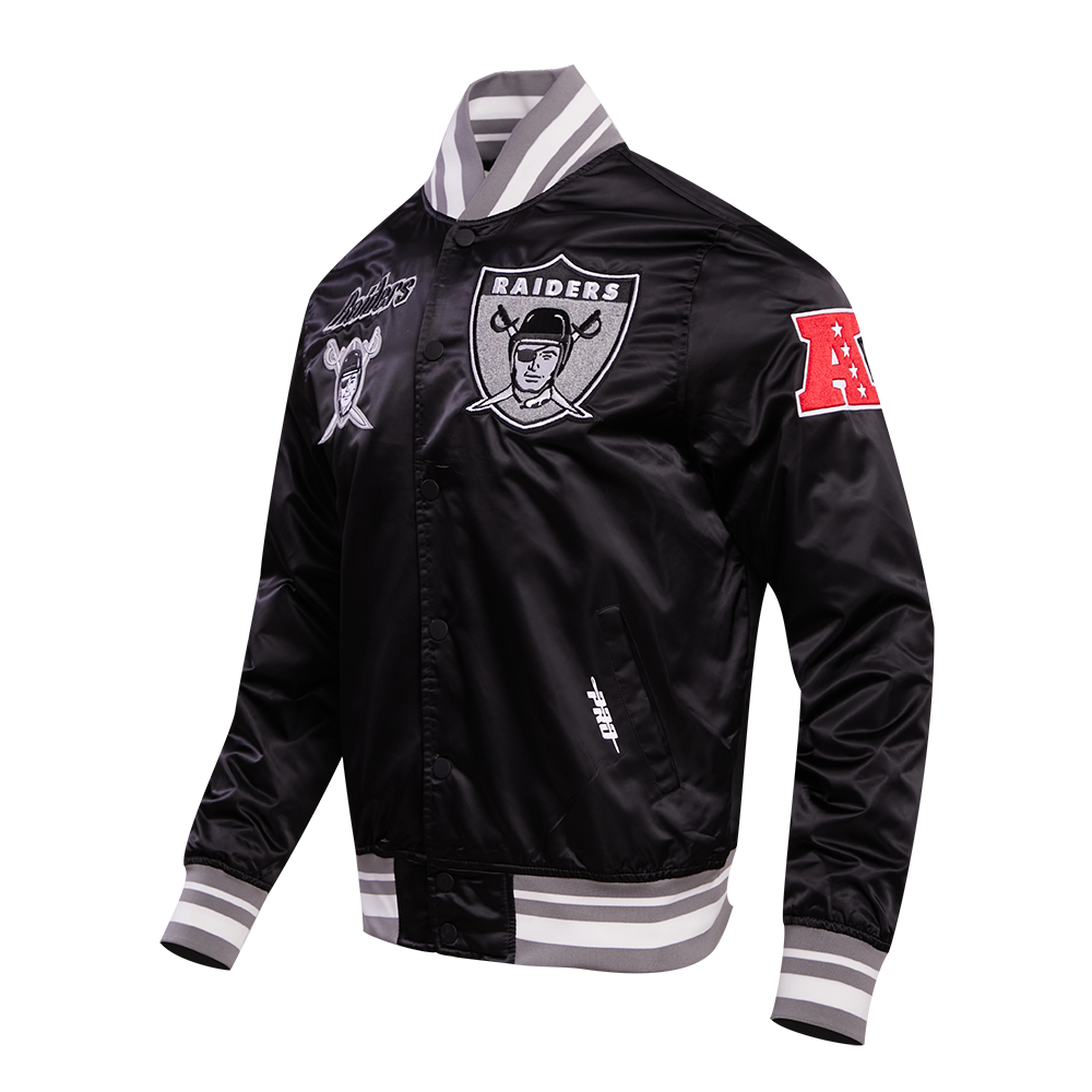 NFL OAKLAND RAIDERS RETRO CLASSIC BLOUSON EN SATIN À BORDS CÔTELÉS POUR HOMME (NOIR/GRIS)