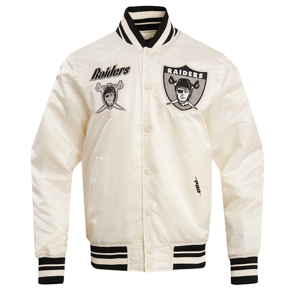 NFL LAS VEGAS RAIDERS RETRO CLASSIC MEN'S RIB SATIN JACKET (EGGSHELL/ BLACK)