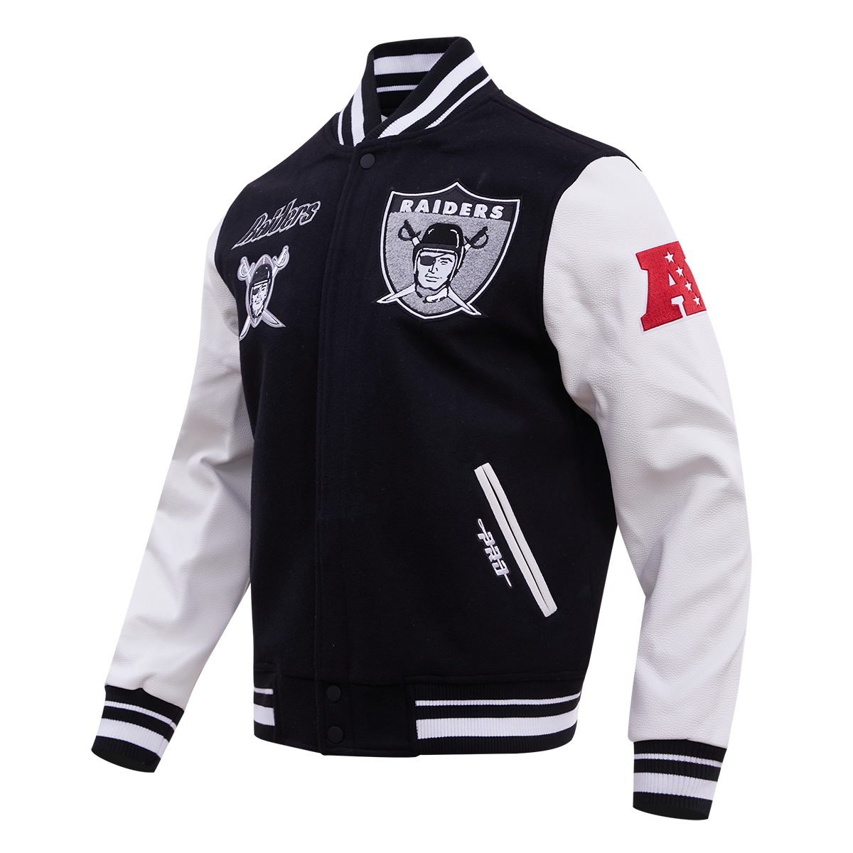 NFL LAS VEGAS RAIDERS RETRO CLASSIC MEN'S RIB WOOL VARSITY JACKET (BLACK/WHITE)