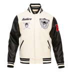 NFL OAKLAND RAIDERS RETRO CLASSIC BLOUSON COLLÉGIAL EN LAINE À BORDS CÔTELÉS POUR HOMME (COQUILLE D'ŒUF/NOIR)