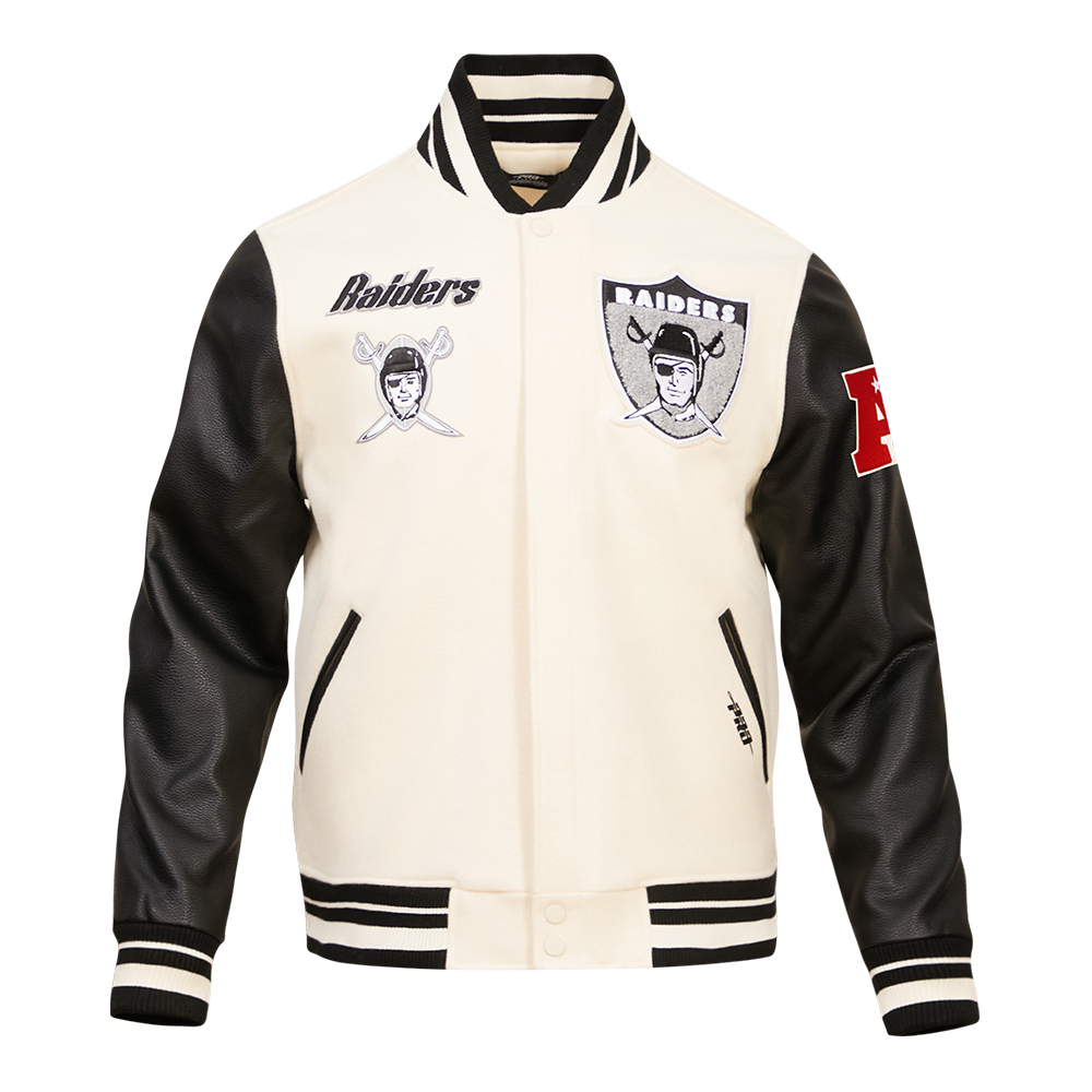 NFL OAKLAND RAIDERS RETRO CLASSIC MEN'S RIB WOOL VARSITY JACKET (EGGSHELL/BLACK)