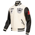 NFL OAKLAND RAIDERS RETRO CLASSIC BLOUSON COLLÉGIAL EN LAINE À BORDS CÔTELÉS POUR HOMME (COQUILLE D'ŒUF/NOIR)