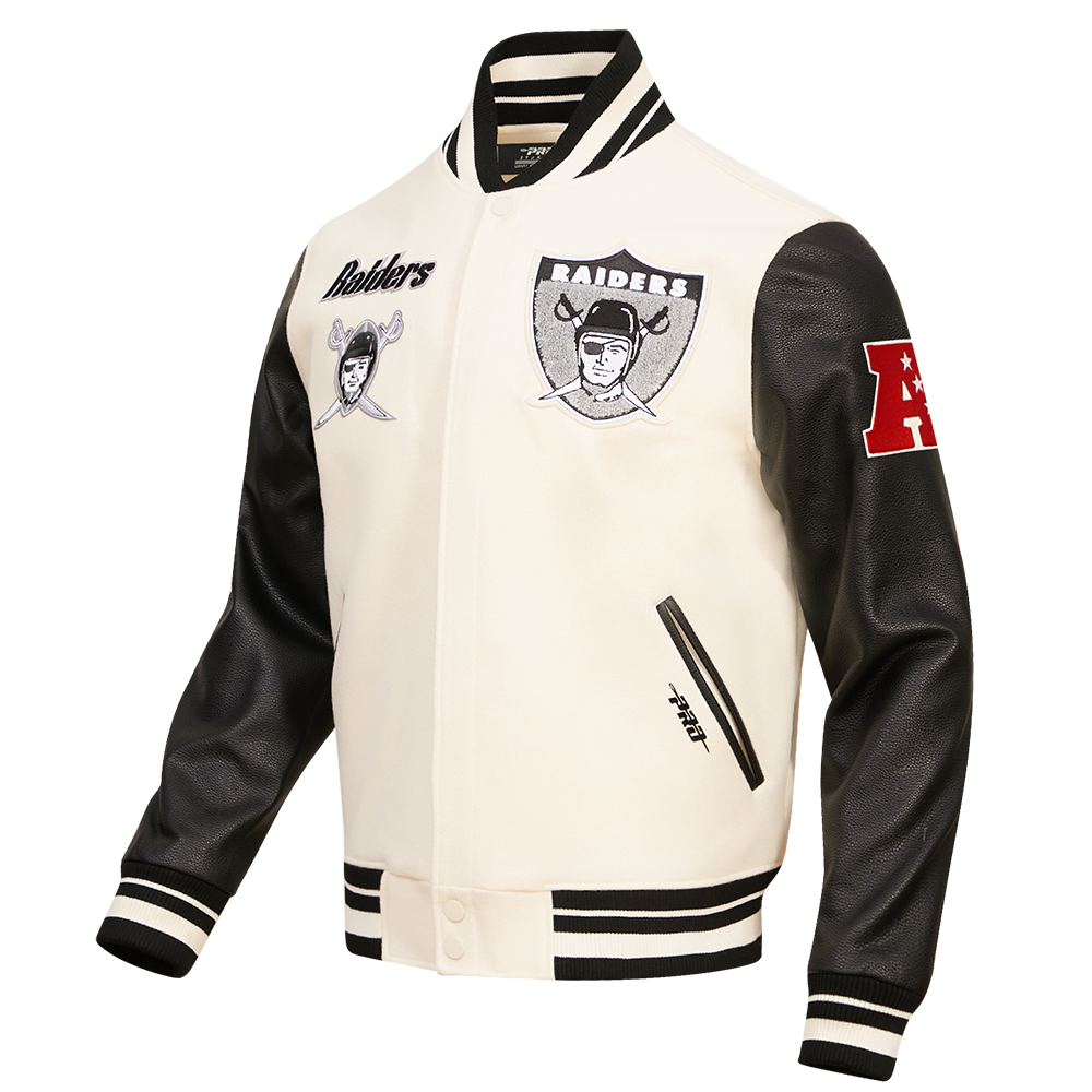 NFL OAKLAND RAIDERS RETRO CLASSIC MEN'S RIB WOOL VARSITY JACKET (EGGSHELL/BLACK)