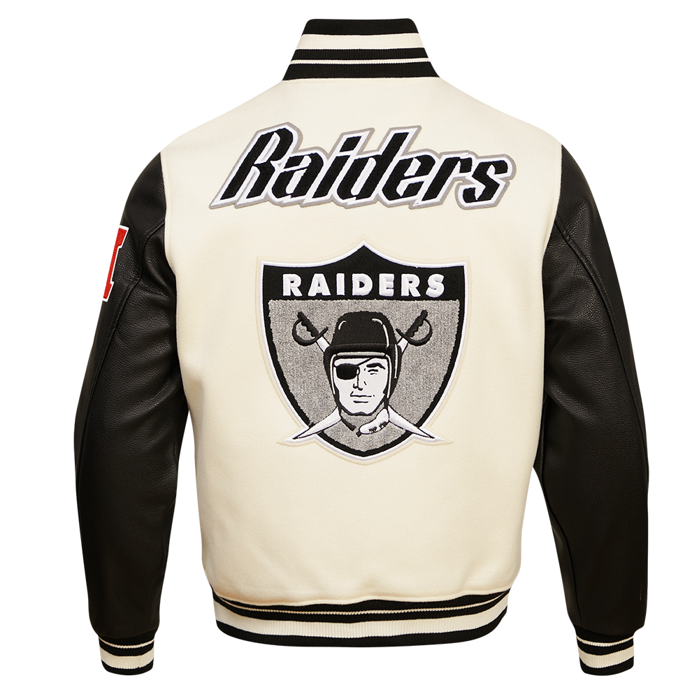 NFL OAKLAND RAIDERS RETRO CLASSIC BLOUSON COLLÉGIAL EN LAINE À BORDS CÔTELÉS POUR HOMME (COQUILLE D'ŒUF/NOIR)
