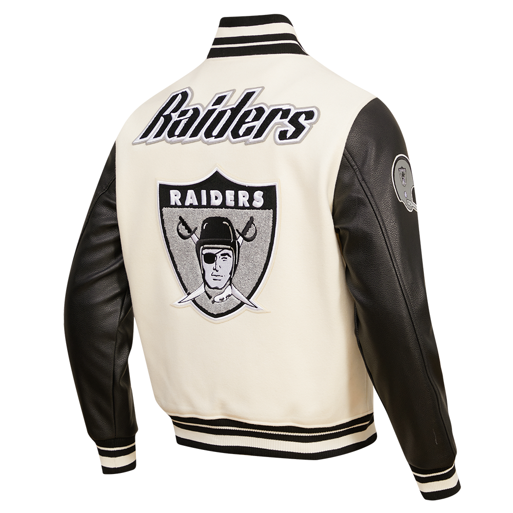 NFL OAKLAND RAIDERS RETRO CLASSIC BLOUSON COLLÉGIAL EN LAINE À BORDS CÔTELÉS POUR HOMME (COQUILLE D'ŒUF/NOIR)