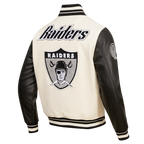 NFL OAKLAND RAIDERS RETRO CLASSIC BLOUSON COLLÉGIAL EN LAINE À BORDS CÔTELÉS POUR HOMME (COQUILLE D'ŒUF/NOIR)