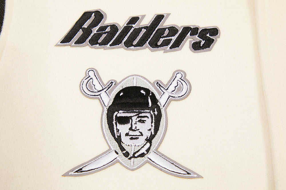 NFL OAKLAND RAIDERS RETRO CLASSIC BLOUSON COLLÉGIAL EN LAINE À BORDS CÔTELÉS POUR HOMME (COQUILLE D'ŒUF/NOIR)