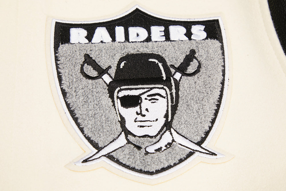 NFL OAKLAND RAIDERS RETRO CLASSIC BLOUSON COLLÉGIAL EN LAINE À BORDS CÔTELÉS POUR HOMME (COQUILLE D'ŒUF/NOIR)
