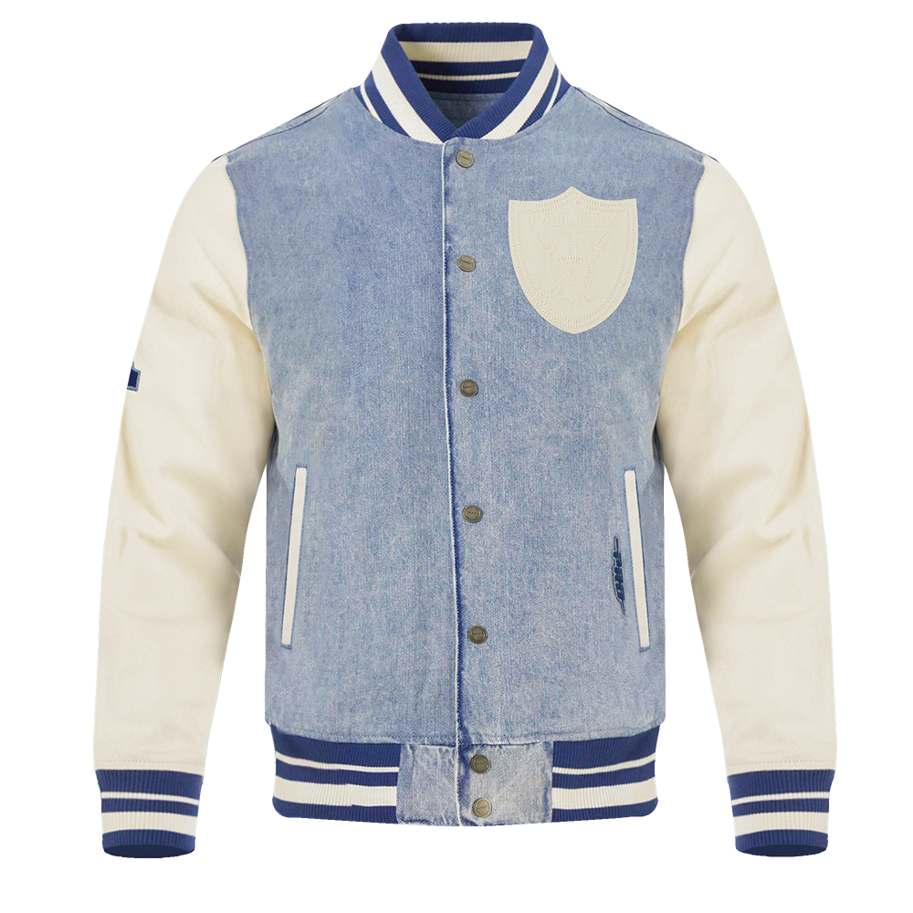 NFL LAS VEGAS RAIDERS VARSITY BLUES MEN'S DENIM VARSITY JACKET (DENIM/LINEN)