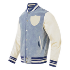 NFL LAS VEGAS RAIDERS VARSITY BLUES MEN'S DENIM VARSITY JACKET (DENIM/LINEN)
