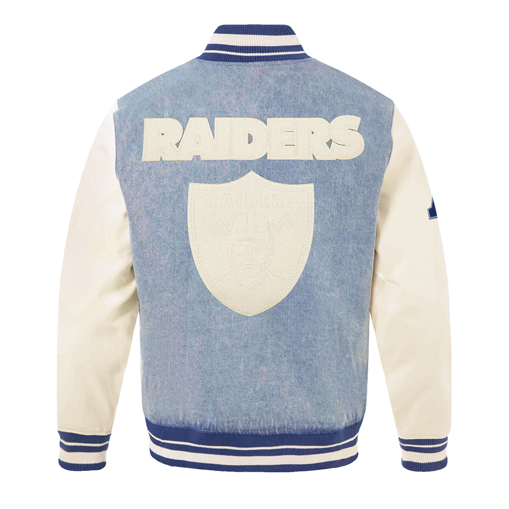 NFL LAS VEGAS RAIDERS VARSITY BLUES MEN'S DENIM VARSITY JACKET (DENIM/LINEN)