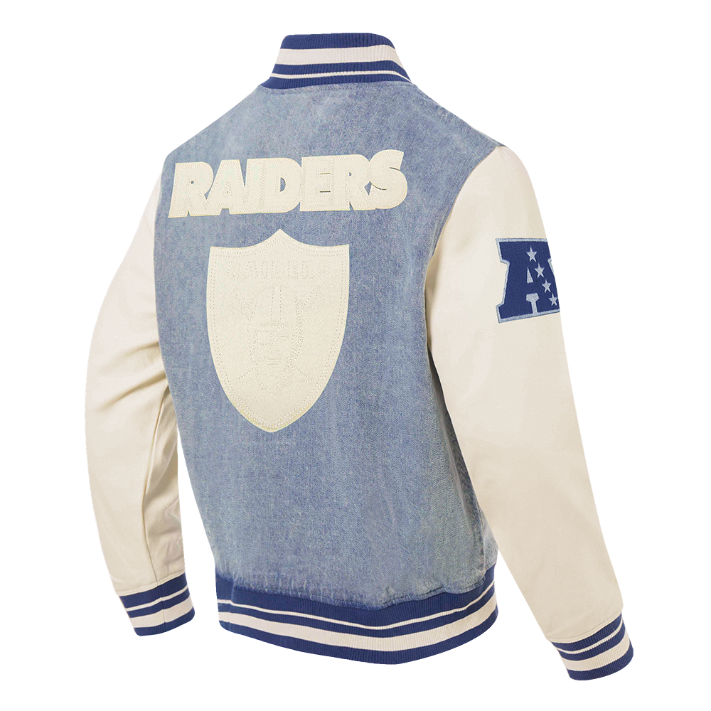 NFL LAS VEGAS RAIDERS VARSITY BLUES MEN'S DENIM VARSITY JACKET (DENIM/LINEN)