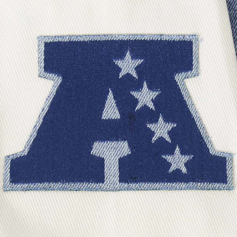 NFL LAS VEGAS RAIDERS VARSITY BLUES MEN'S DENIM VARSITY JACKET (DENIM/LINEN)