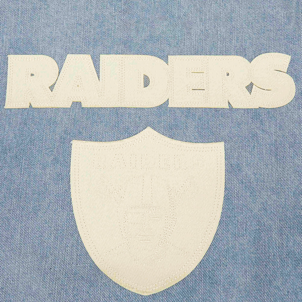 NFL LAS VEGAS RAIDERS VARSITY BLUES MEN'S DENIM VARSITY JACKET (DENIM/LINEN)