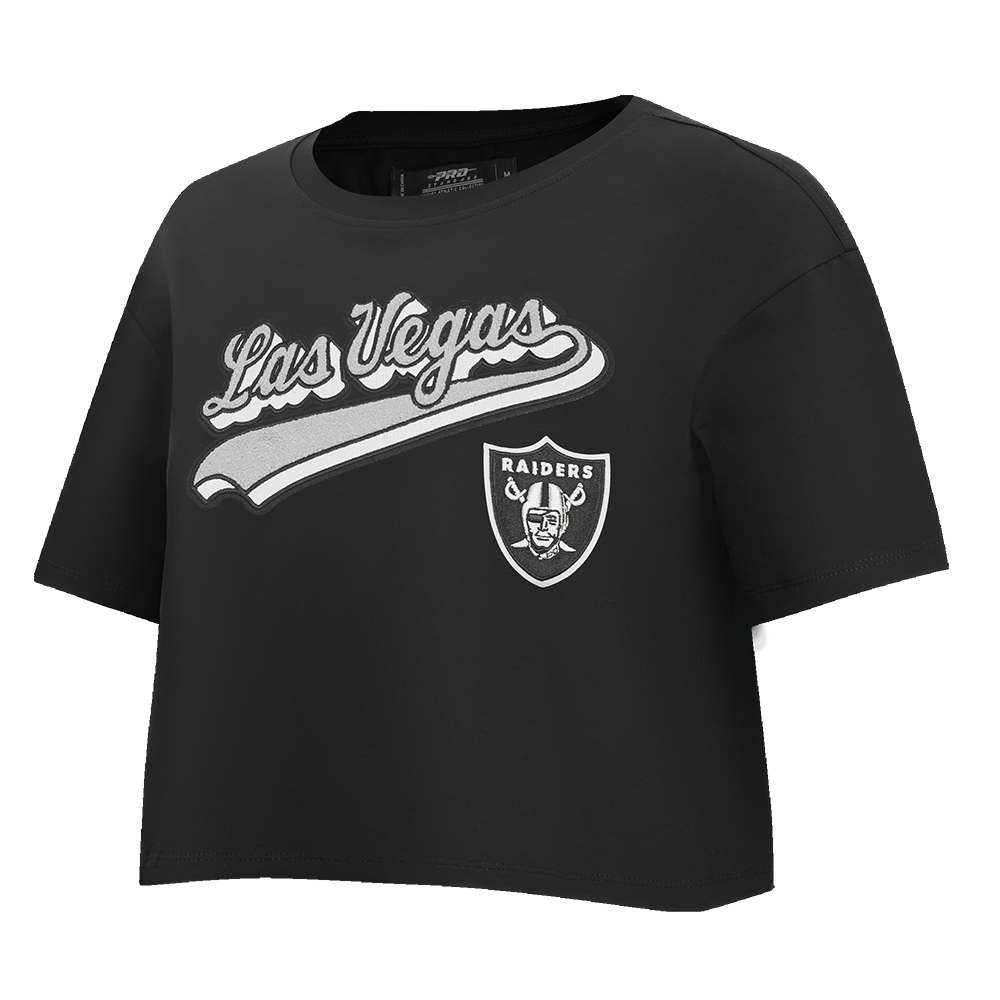 NFL LAS VEGAS RAIDERS SCRIPT TAIL WOMEN'S SINGLE JERSEY BOXY TEE (BLACK)