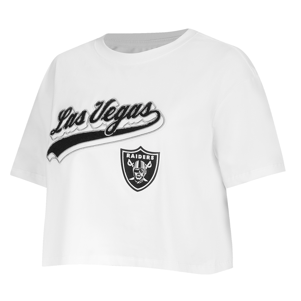 NFL LAS VEGAS RAIDERS SCRIPT TAIL WOMEN'S SINGLE JERSEY BOXY TEE (WHITE)