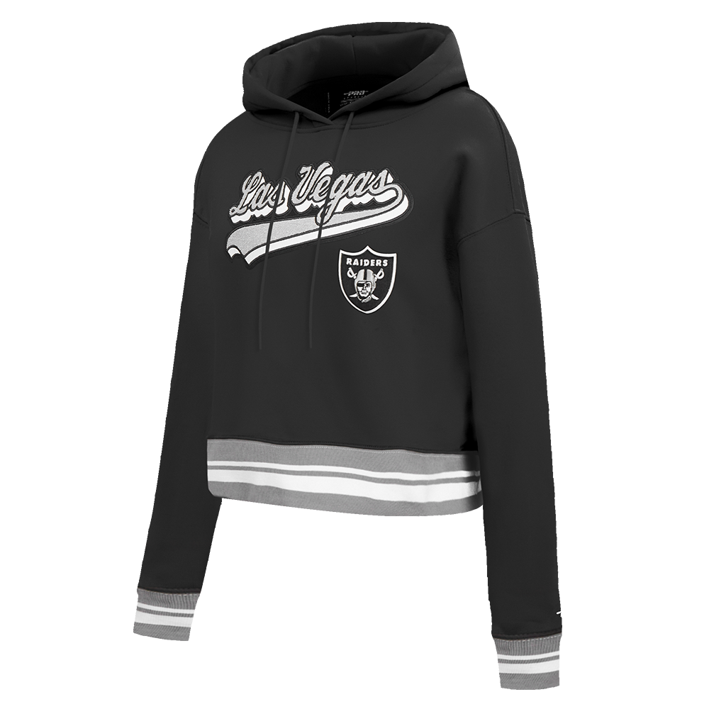 NFL LAS VEGAS RAIDERS SCRIPT TAIL WOMEN'S RIB FLEECE CROPPED PULLOVER HOODIE (BLACK/GRAY)