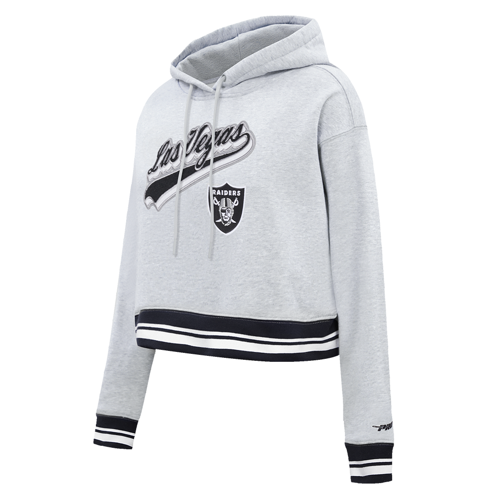 NFL LAS VEGAS RAIDERS SCRIPT TAIL WOMEN'S RIB FLEECE CROPPED PULLOVER HOODIE (HEATHER GRAY/BLACK)