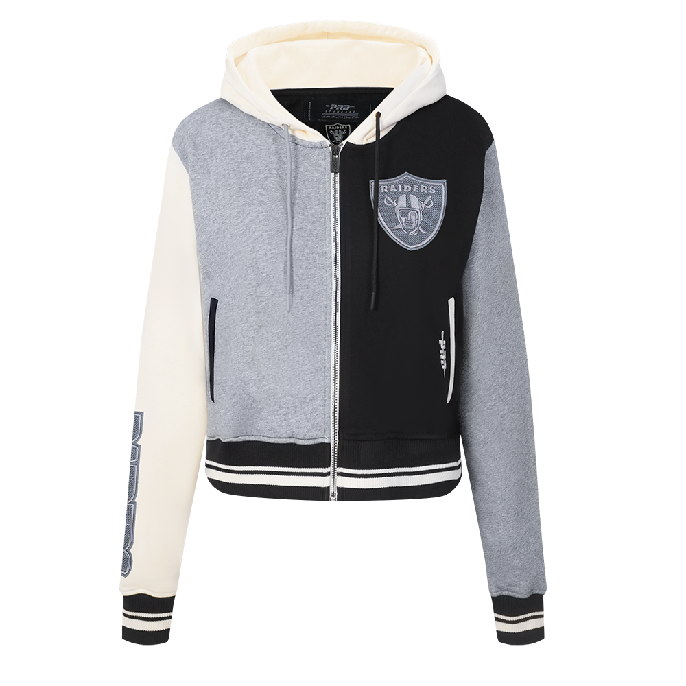 NFL LAS VEGAS RAIDERS REVERSE FRENCH TERRY CHANDAIL À CAPUCHON EN MOLLETON À GLISSIÈRE ET À BLOCS DE COULEUR POUR FEMME (NOIR/GRIS/COQUILLE D'ŒUF)