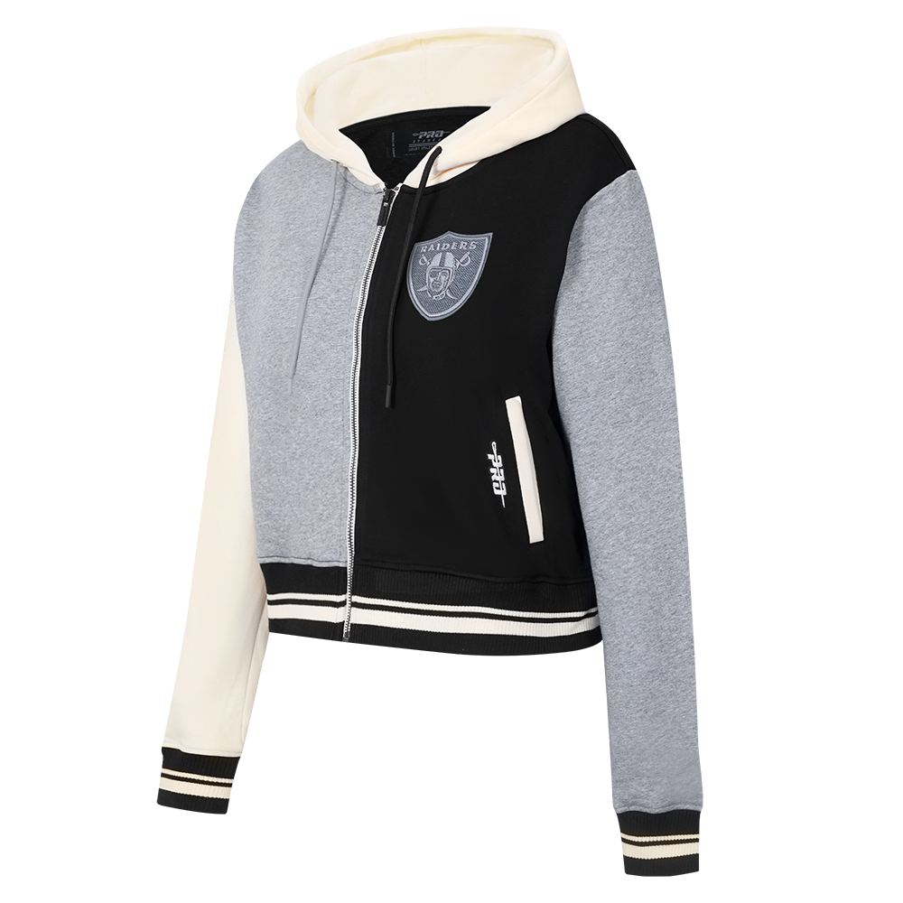 NFL LAS VEGAS RAIDERS REVERSE FRENCH TERRY WOMEN'S COLOR BLOCK FLEECE FULL ZIP HOODIE (BLACK/GRAY/EGGSHELL)