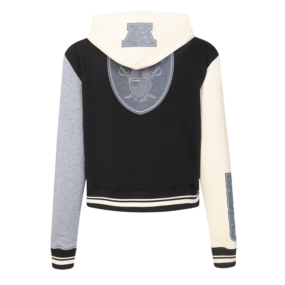 NFL LAS VEGAS RAIDERS REVERSE FRENCH TERRY CHANDAIL À CAPUCHON EN MOLLETON À GLISSIÈRE ET À BLOCS DE COULEUR POUR FEMME (NOIR/GRIS/COQUILLE D'ŒUF)