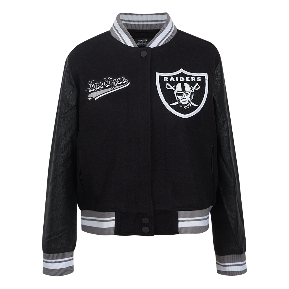 NFL LAS VEGAS RAIDERS SCRIPT TAIL WOMEN'S WOOL VARSITY JACKET (BLACK/GRAY)