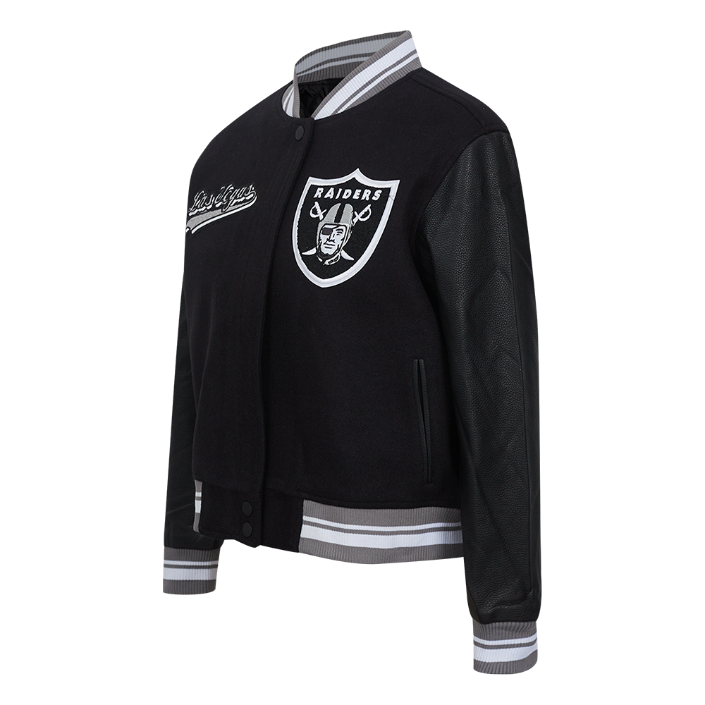 NFL LAS VEGAS RAIDERS SCRIPT TAIL WOMEN'S WOOL VARSITY JACKET (BLACK/GRAY)
