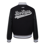 NFL LAS VEGAS RAIDERS SCRIPT TAIL WOMEN'S WOOL VARSITY JACKET (BLACK/GRAY)