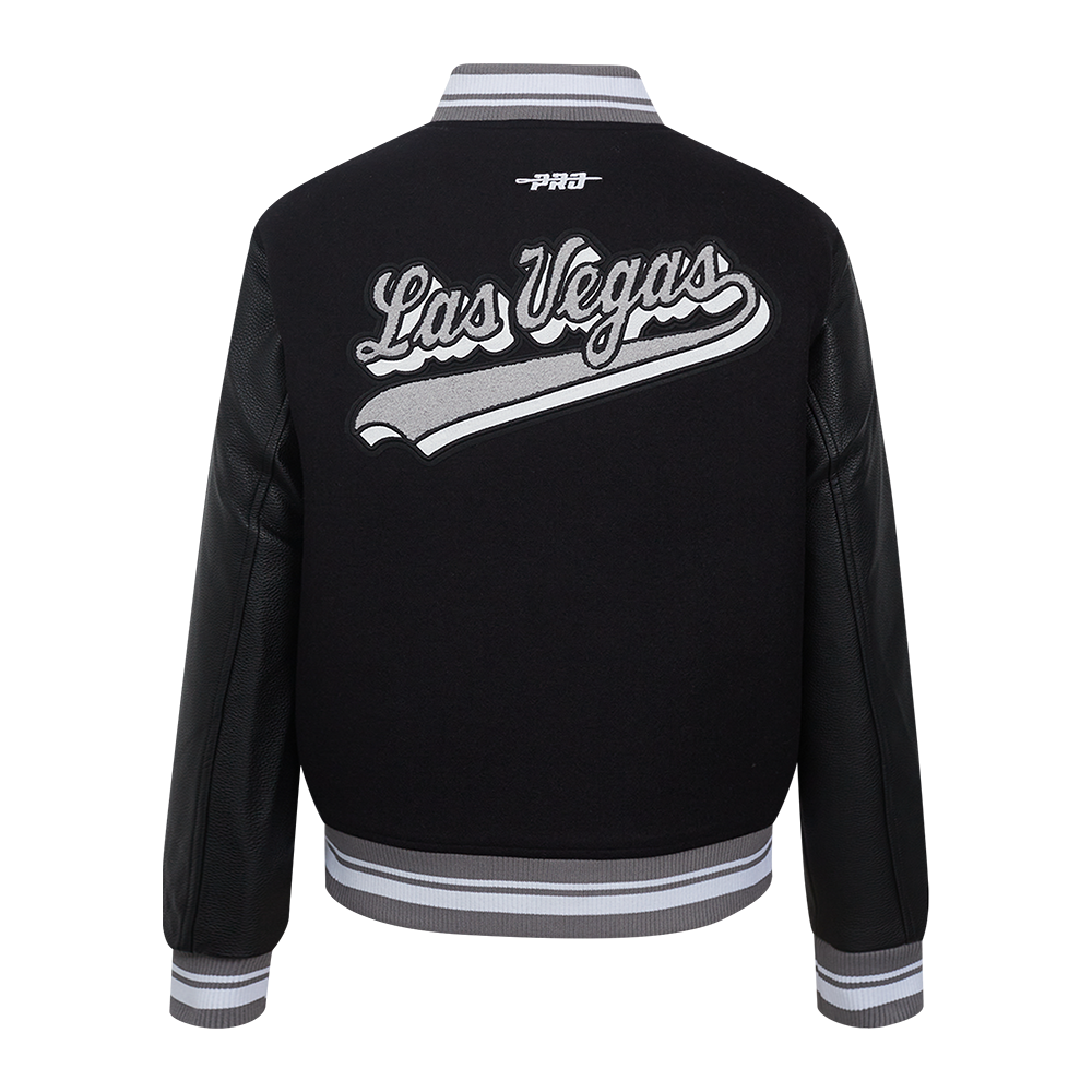 NFL LAS VEGAS RAIDERS SCRIPT TAIL WOMEN'S WOOL VARSITY JACKET (BLACK/GRAY)