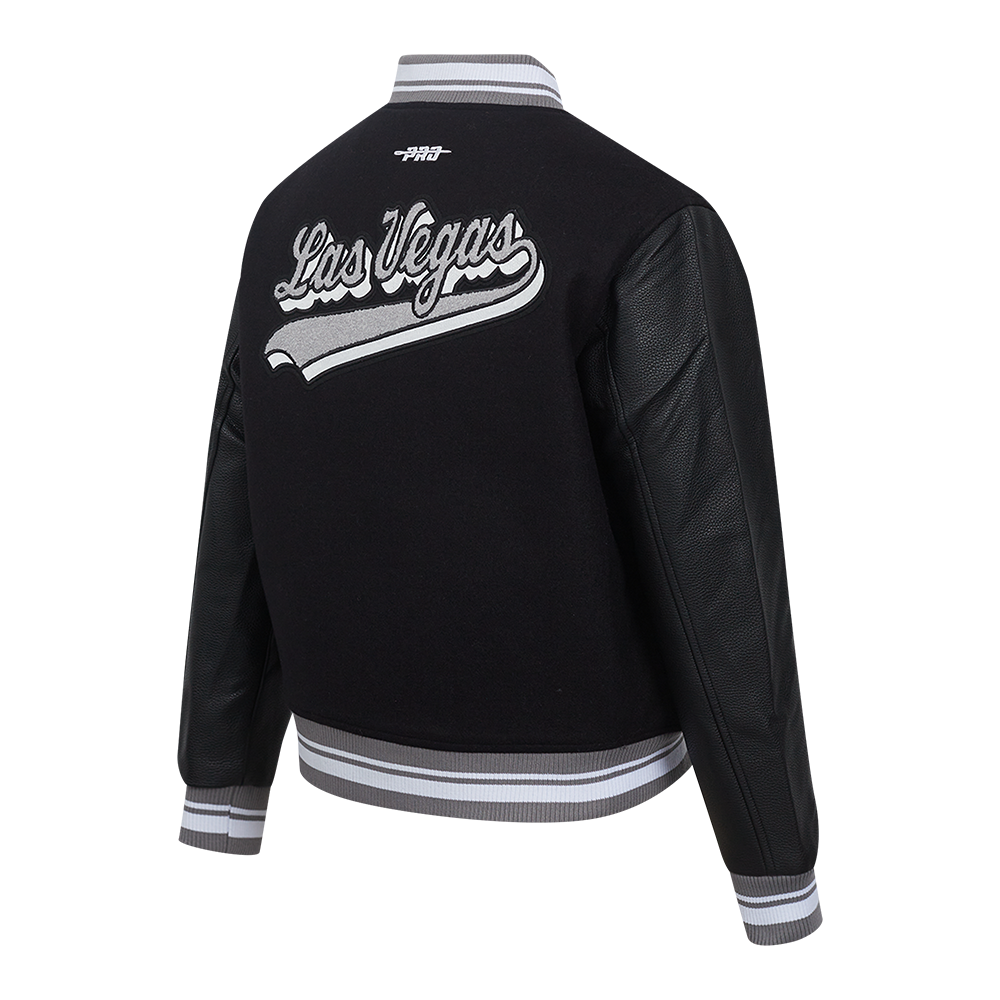 NFL LAS VEGAS RAIDERS SCRIPT TAIL WOMEN'S WOOL VARSITY JACKET (BLACK/GRAY)