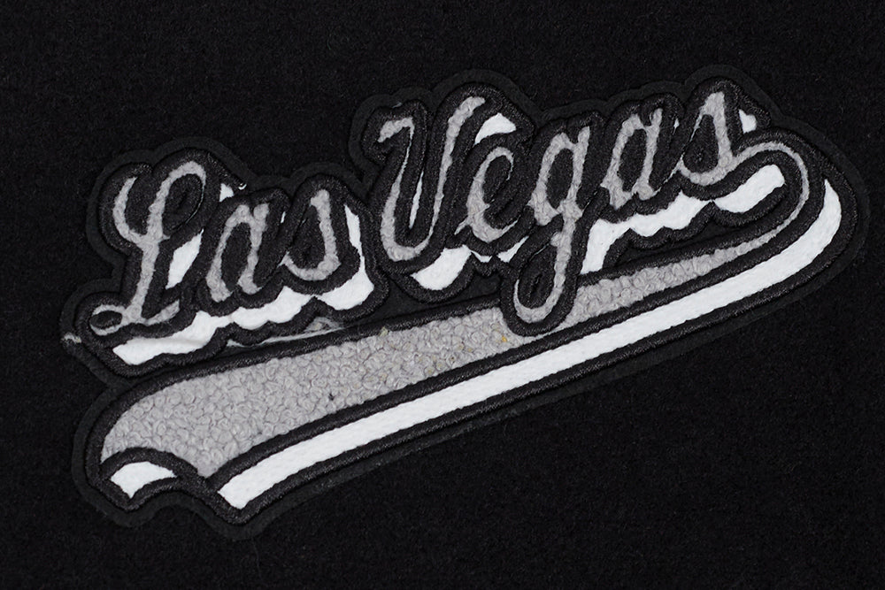 NFL LAS VEGAS RAIDERS SCRIPT TAIL WOMEN'S WOOL VARSITY JACKET (BLACK/GRAY)