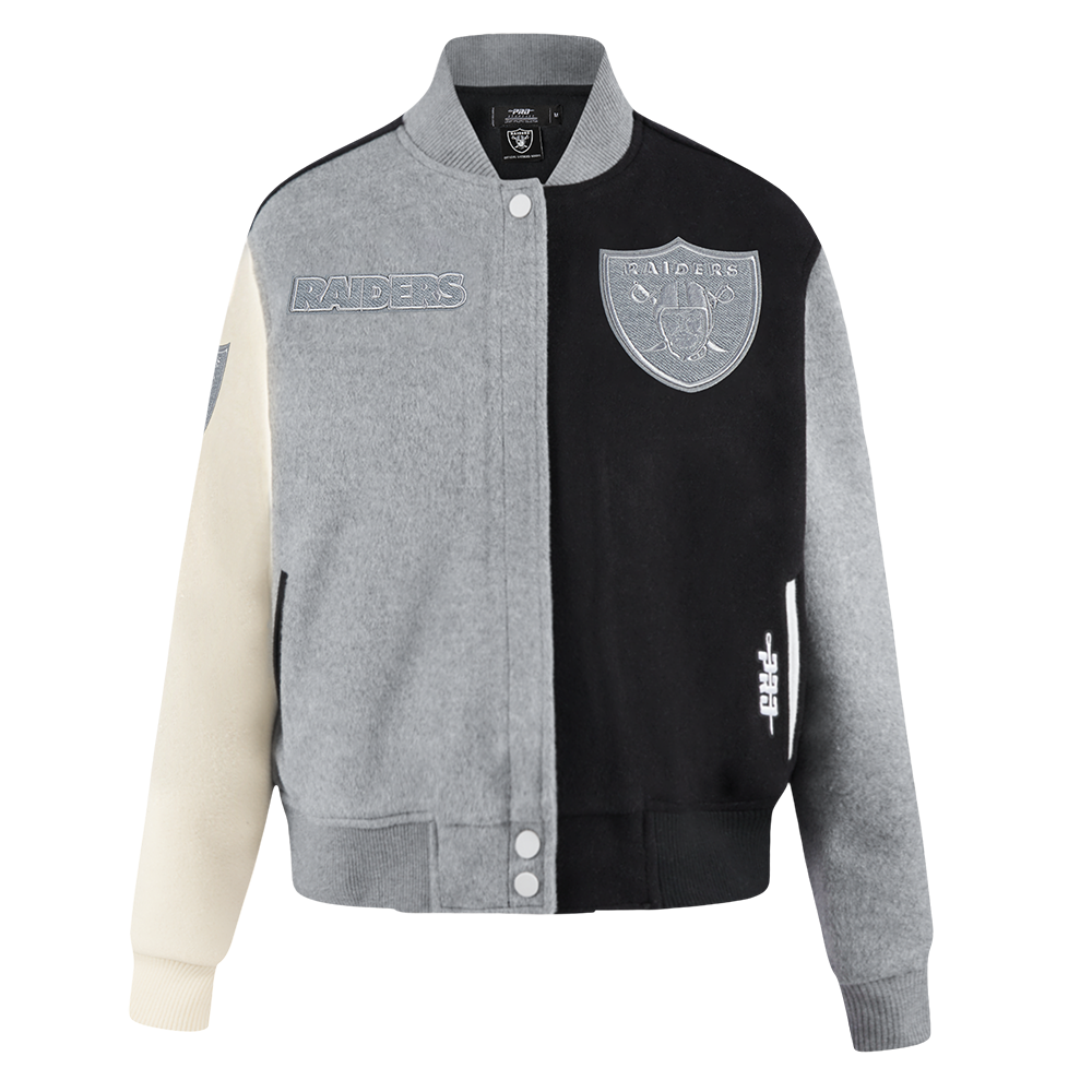 NFL LAS VEGAS RAIDERS REVERSE FRENCH TERRY BLOUSON COLLÉGIAL EN LAINE POUR FEMME (NOIR/GRIS/COQUILLE D'ŒUF)