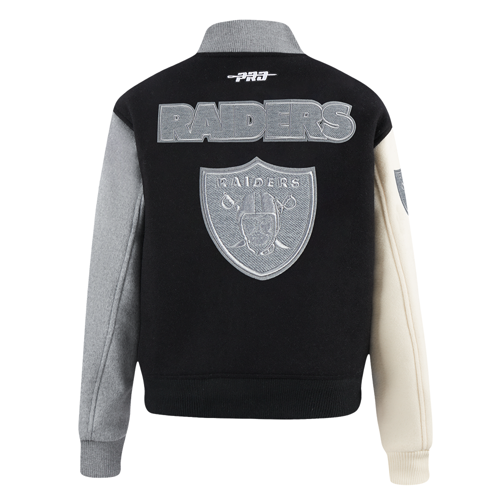 NFL LAS VEGAS RAIDERS REVERSE FRENCH TERRY BLOUSON COLLÉGIAL EN LAINE POUR FEMME (NOIR/GRIS/COQUILLE D'ŒUF)