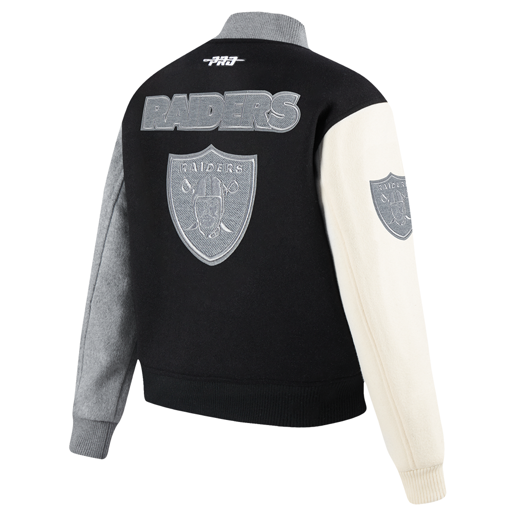 NFL LAS VEGAS RAIDERS REVERSE FRENCH TERRY BLOUSON COLLÉGIAL EN LAINE POUR FEMME (NOIR/GRIS/COQUILLE D'ŒUF)