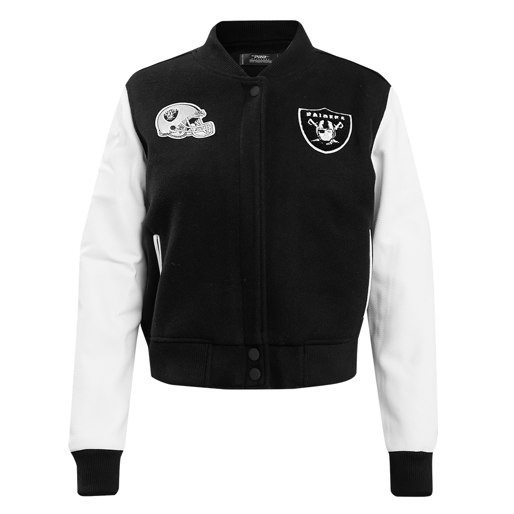 NFL LAS VEGAS RAIDERS CLASSIC BLOUSON COLLÉGIAL EN LAINE POUR FEMME (NOIR/BLANC)