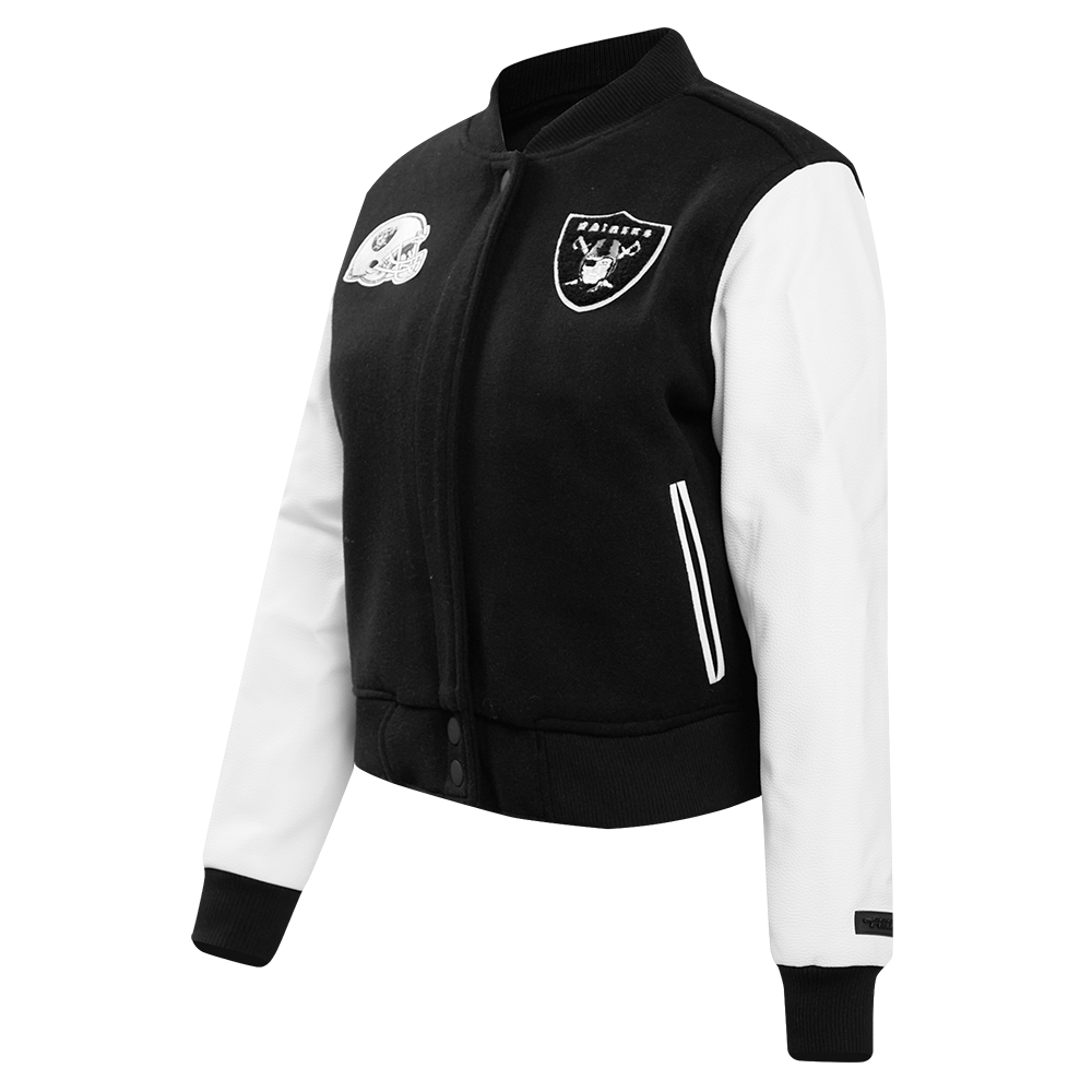 NFL LAS VEGAS RAIDERS CLASSIC BLOUSON COLLÉGIAL EN LAINE POUR FEMME (NOIR/BLANC)