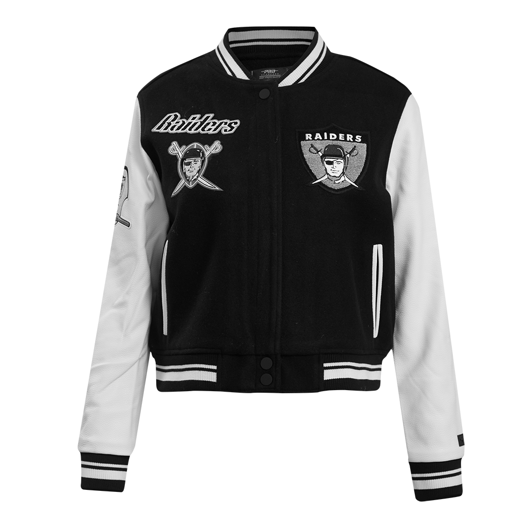NFL OAKLAND RAIDERS RETRO CLASSIC WOMEN'S RIB WOOL VARSITY JACKET (BLACK/WHITE)