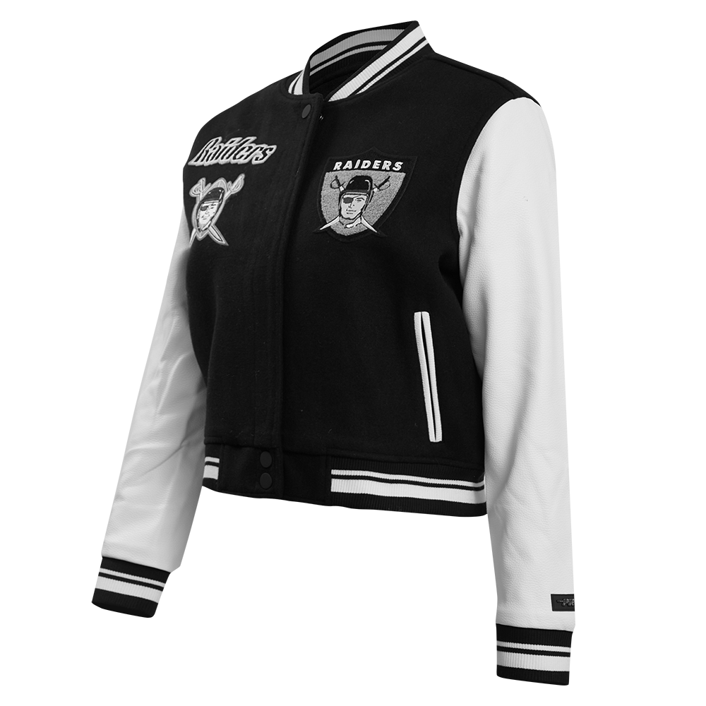 NFL OAKLAND RAIDERS RETRO CLASSIC WOMEN'S RIB WOOL VARSITY JACKET (BLACK/WHITE)