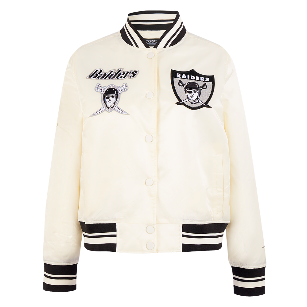 NFL OAKLAND RAIDERS RETRO CLASSIC WOMEN'S RIB SATIN JACKET (EGGSHELL/ BLACK)