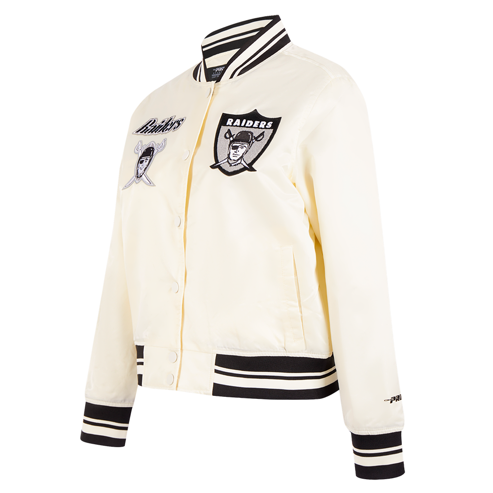 NFL OAKLAND RAIDERS RETRO CLASSIC WOMEN'S RIB SATIN JACKET (EGGSHELL/ BLACK)