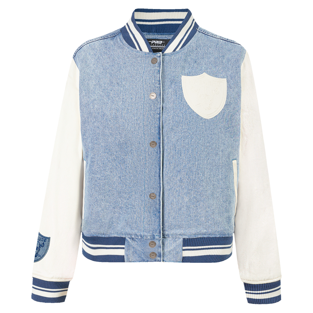 NFL LAS VEGAS RAIDERS VARSITY BLUES WOMEN'S DENIM VARSITY JACKET (DENIM/LINEN)