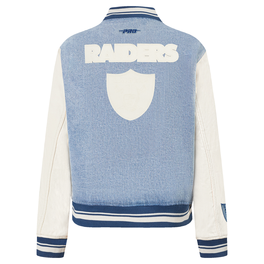 NFL LAS VEGAS RAIDERS VARSITY BLUES WOMEN'S DENIM VARSITY JACKET (DENIM/LINEN)