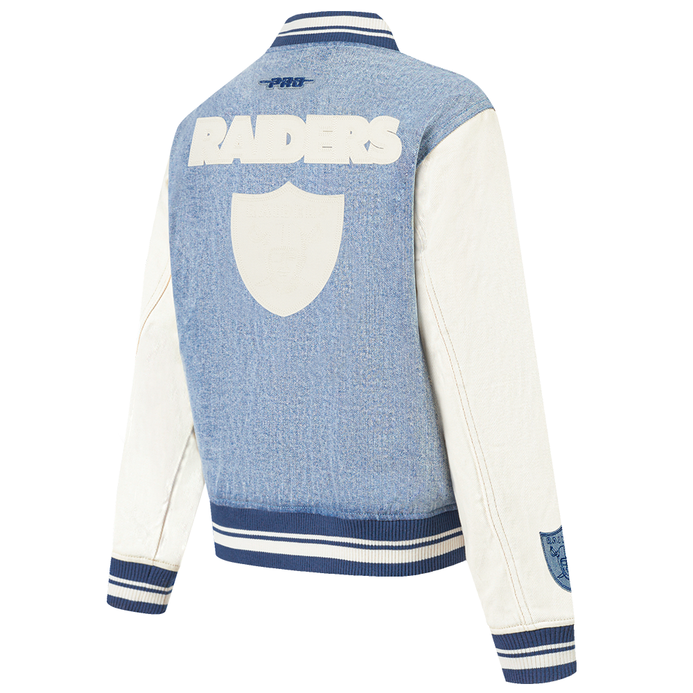 NFL LAS VEGAS RAIDERS VARSITY BLUES WOMEN'S DENIM VARSITY JACKET (DENIM/LINEN)