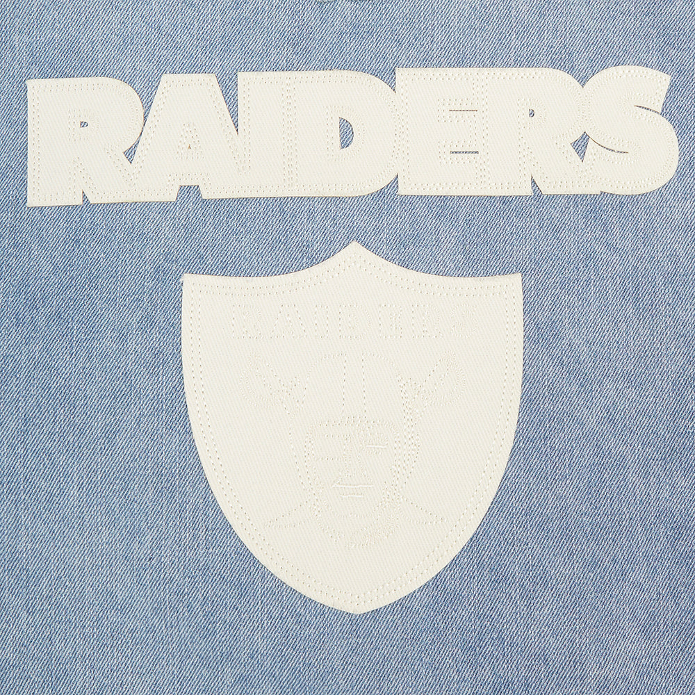 NFL LAS VEGAS RAIDERS VARSITY BLUES WOMEN'S DENIM VARSITY JACKET (DENIM/LINEN)