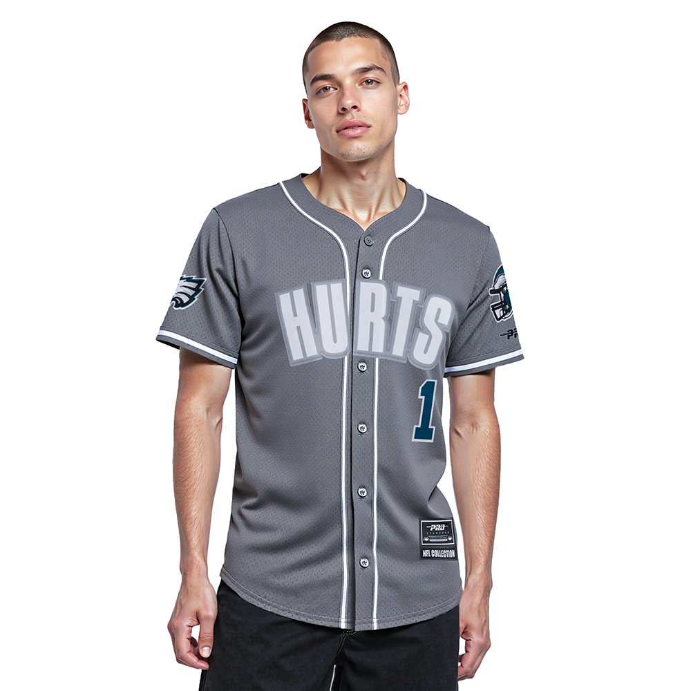 NFL PHILADELPHIA EAGLES JALEN HURTS #1 CLASSIC MESH PNN MEN'S MESH BUTTON DOWN SHIRT (Gray)