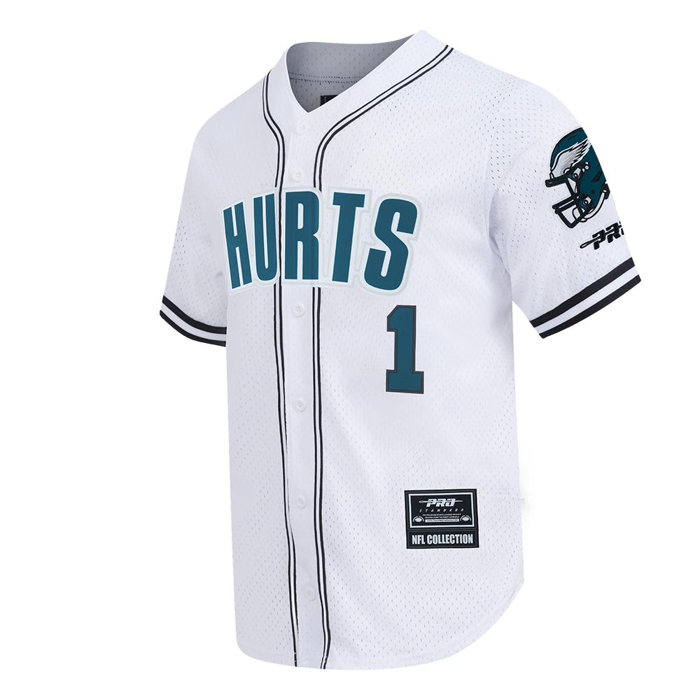 NFL PHILADELPHIA EAGLES JALEN HURTS #1 CLASSIC MESH PNN CHEMISE BOUTONNÉE EN FILET POUR HOMME (BLANC/NOIR/BLANC)