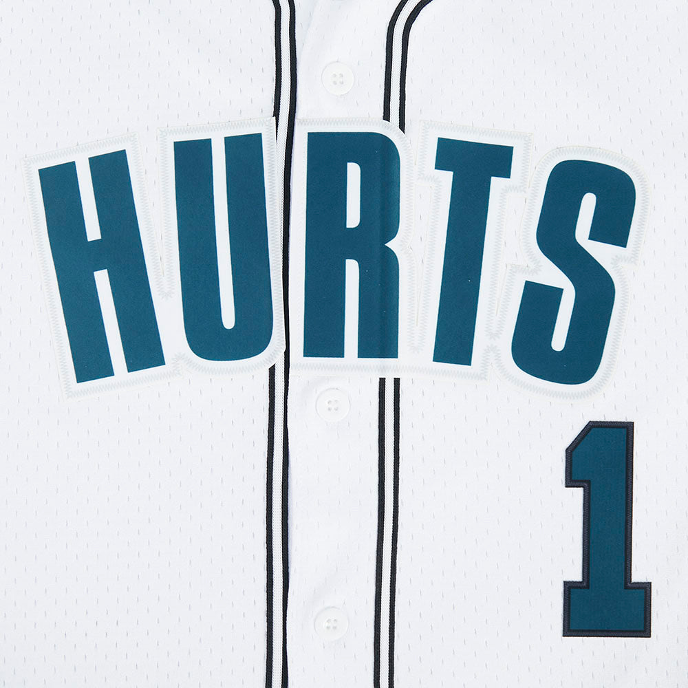 NFL PHILADELPHIA EAGLES JALEN HURTS #1 CLASSIC MESH PNN CHEMISE BOUTONNÉE EN FILET POUR HOMME (BLANC/NOIR/BLANC)