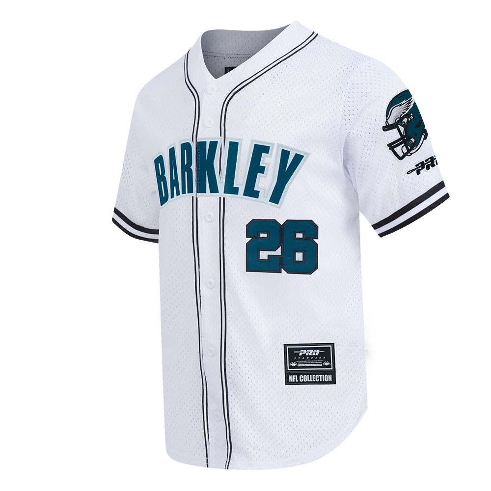 NFL PHILADELPHIA EAGLES SAQUON BARKLEY #26 CLASSIC MESH PNN CHEMISE BOUTONNÉE EN FILET POUR HOMME (BLANC/NOIR/BLANC)